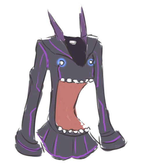 kamui_(kill_la_kill), kill_la_kill, living_clothes, merkava_(under_night_in-birth), neon_trim, no_humans, open_mouth, parody, red_seiryu, school_uniform, serafuku, under_night_in-birth