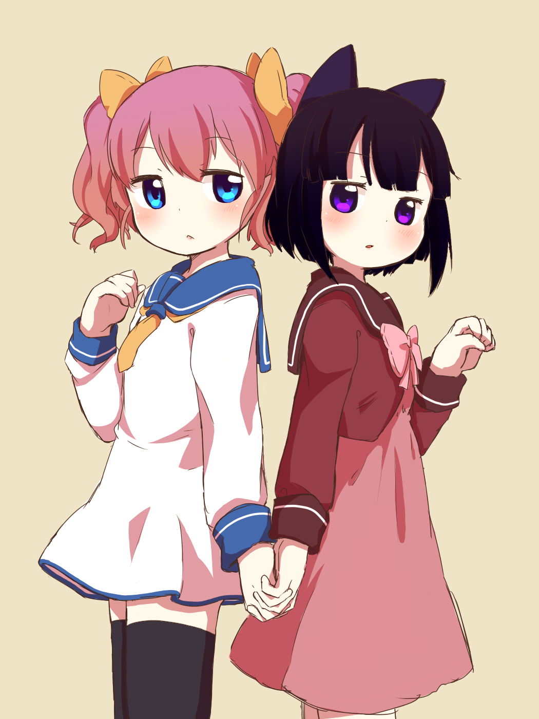 2girls, :<, animal_ears, black_hair, blue_eyes, borrowed_character, bow, cat_ears