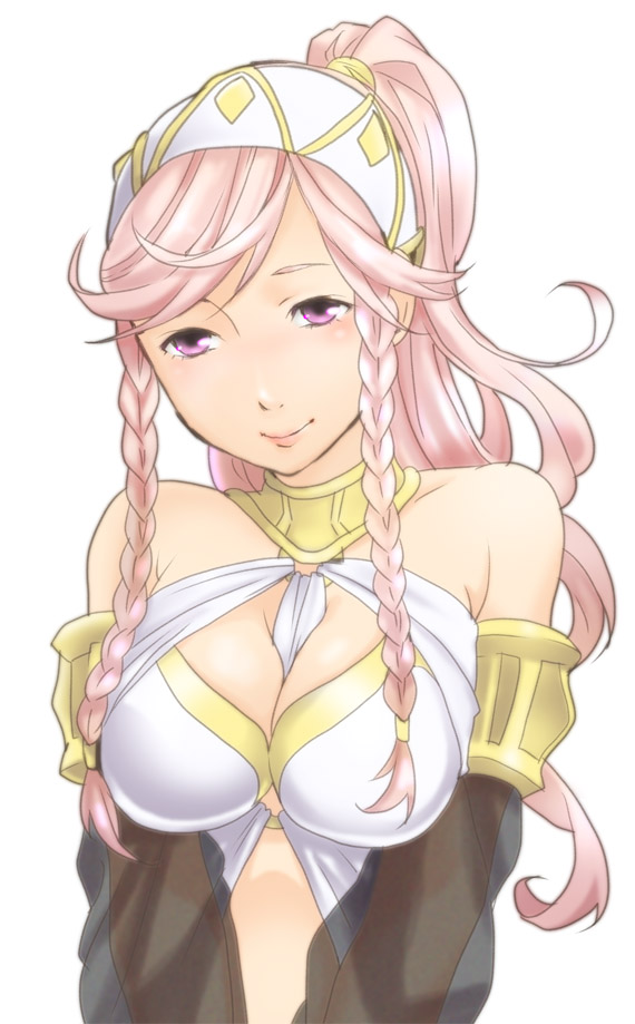 1girl, armlet, bare_shoulders, braid, detached_sleeves, fire_emblem, fire_emblem:_kakusei, hairband, kona_(silent913), long_hair, midriff, nintendo, olivia_(fire_emblem), pink_hair, ponytail, smile, solo, twin_braids, violet_eyes