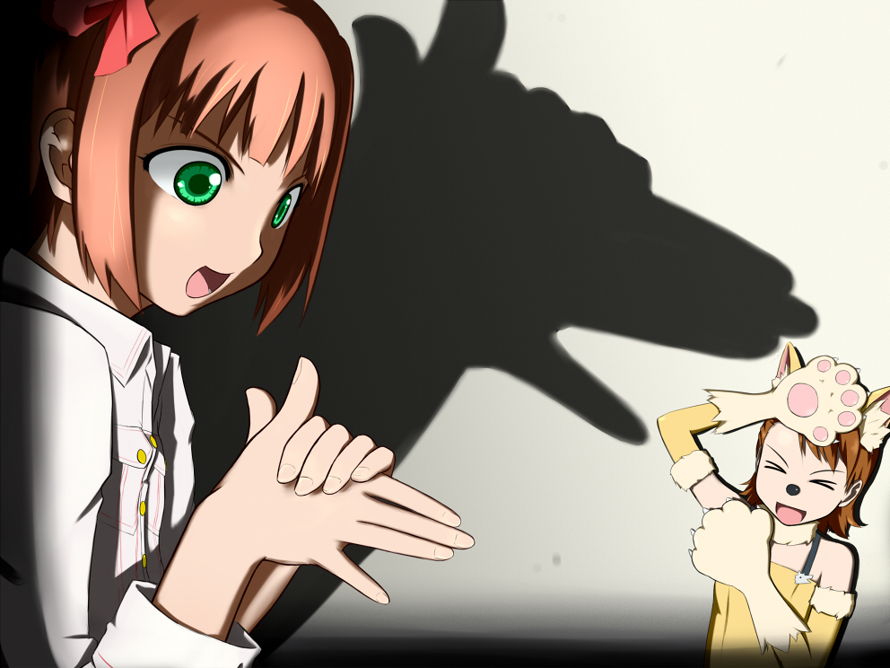 >_<, amami_haruka, animal_costume, animal_ears, brown_hair, closed_eyes, dog, dog_costume