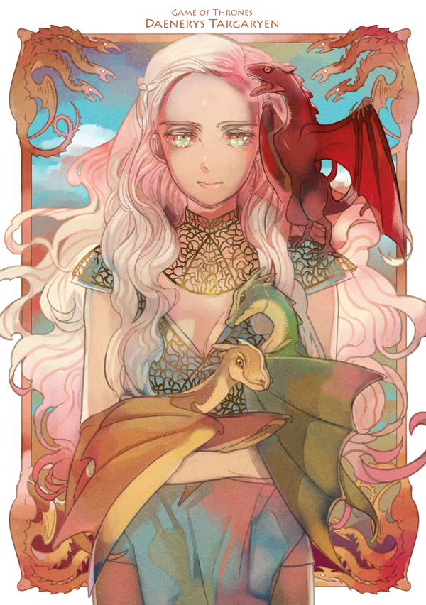1girl, a_song_of_ice_and_fire, daenerys_targaryen, dragon, drogon, green_eyes, long_hair, maruco