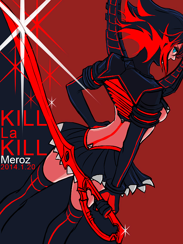 1girl, 2014, black_hair, breasts, kill_la_kill, matoi_ryuuko, matoi_ryuuko_(senketsu_kamui), meroz, microskirt, multicolored_hair, redhead, scissor_blade, senketsu, short_hair, skirt, solo, thighhighs, two-tone_hair, underboob, weapon