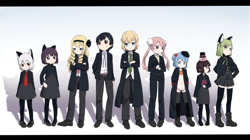 >:<, 6+girls, adapted_costume, animal_ears, bandaid, black_hair, blonde_hair, blue_eyes