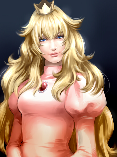 1girl, blonde_hair, blue_eyes, crown, earrings, futon_saru, jewelry, juliet_sleeves, long_hair, long_sleeves, princess_peach, puffy_sleeves, realistic, solo, super_mario_bros.