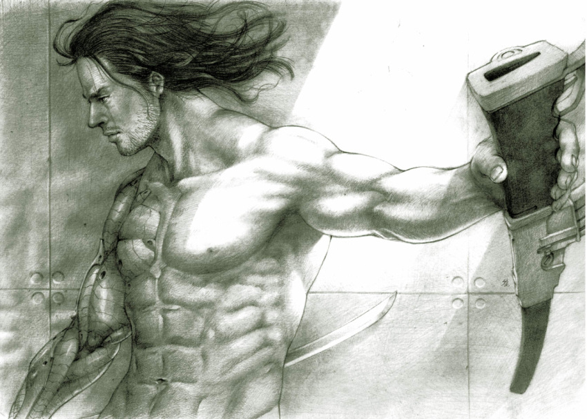 1boy, beard, cyborg, facial_hair, futon_saru, katana, manly, metal_gear_rising:_revengeance