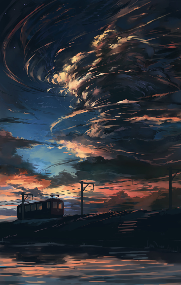 clouds, landscape, nodata, original, river, riverbank, scenery, sky, star_(sky), sunset, train, tram