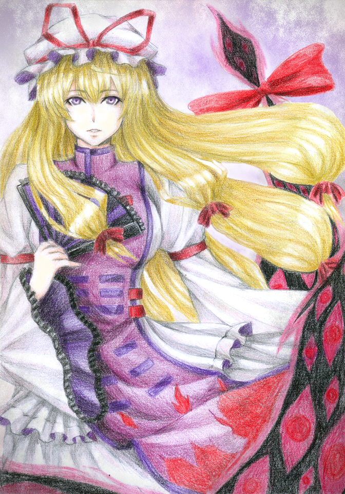 1girl, armlet, aterumichino, blonde_hair, breasts, colored_pencil_(medium), fan, folding_fan