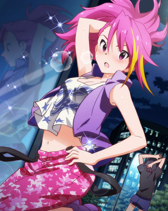 1boy, 1girl, artist_request, blush, camouflage_pants, hand_on_head, hand_on_hip, idolmaster