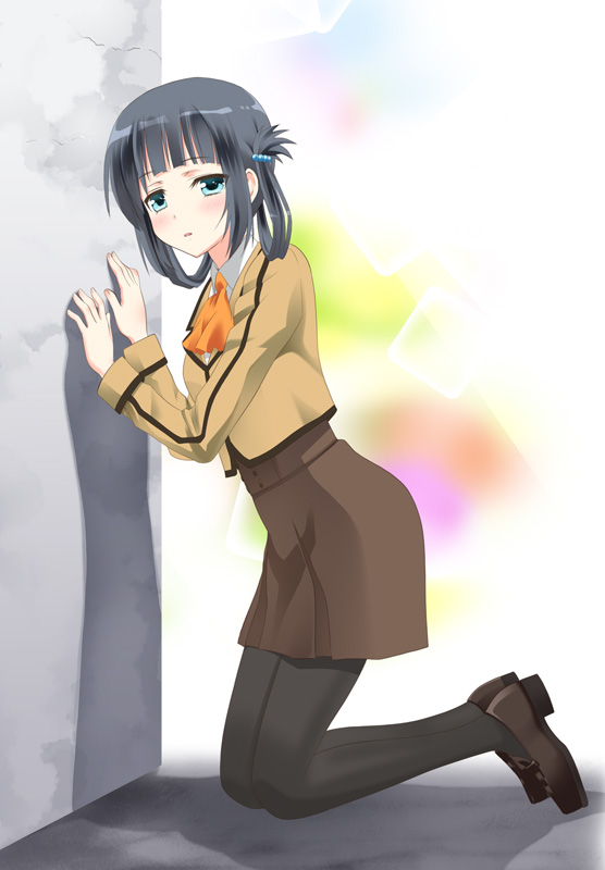 1girl, black_hair, blue_eyes, kanmimi, long_hair, nagi_no_asukara, pantyhose, school_uniform