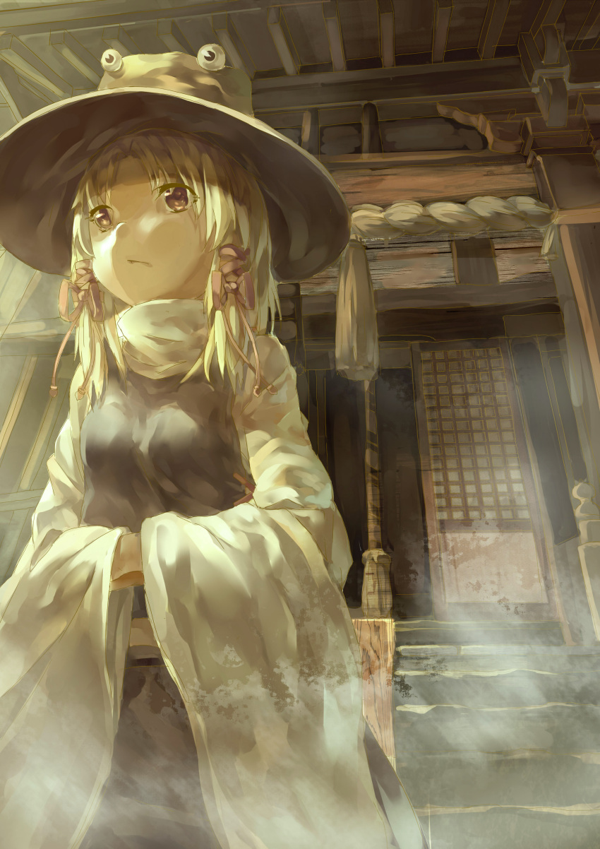 1girl, absurdres, blonde_hair, hair_ribbon, hat, highres, mist, moriya_shrine, moriya_suwako, ribbon, short_hair, shrine, solo, touhou, yellow_eyes, zicai_tang