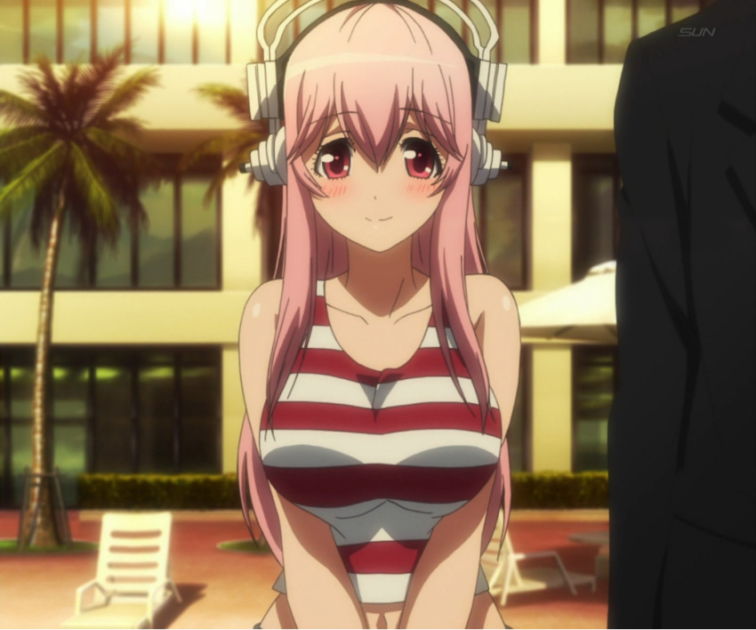 1girl, blush, headphones, highres, long_hair, navel, nitroplus, pink, pink_eyes, pink_hair, screencap, solo, soniani, stitched, super_sonico