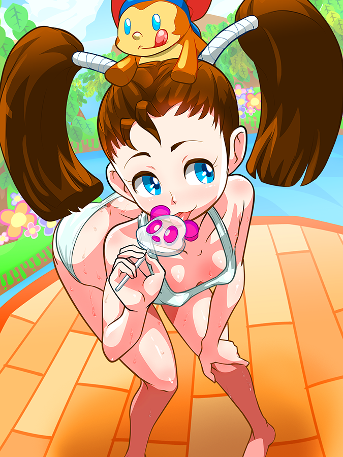 1girl, animal_on_head, antenna_hair, barefoot, bent_over, bikini, blue_eyes, brown_hair, bust_a_move, butt_crack, candy, columbo_(bust_a_move), forehead, hair_ribbon, hand_on_knee, licking, lollipop, long_hair, mouse, pigeon-toed, ribbon, shorty_(bust_a_move), small_breasts, sweat, swimsuit, white_bikini, white_swimsuit, yagio