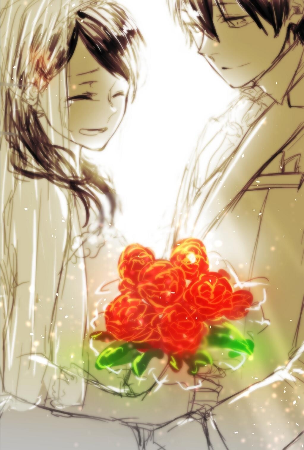 1boy, 1girl, bouquet, bridal_veil, closed_eyes, couple, dress, elbow_gloves, flower, gloves, good_end, hair_ornament, hairclip, happy, hetero, highres, kagerou_project, kisaragi_shintarou, long_hair, rubill, short_hair, smile, spot_color, tateyama_ayano, veil, wedding_dress
