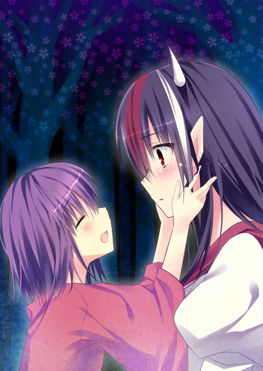 2girls, black_hair, comforting, floral_background, hands_on_another's_face, highres, hisame_(nekousatan), horns