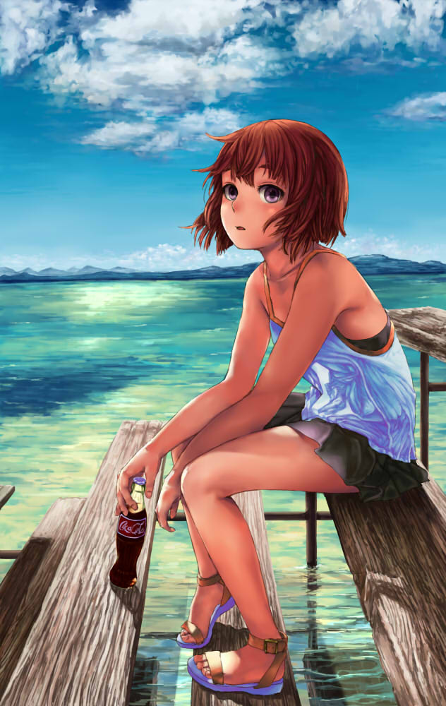 1girl, bare_shoulders, brown_hair, coca-cola, fukoujiman, original, sandals, short_hair, sitting, skirt, sky, solo, violet_eyes, water