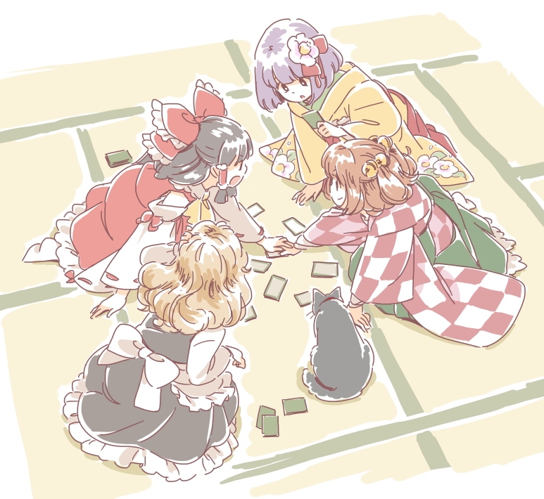 4girls, apron, bell, black_dress, black_hair, blonde_hair, bow, brown_hair, card, cat, detached_sleeves, dress, floral_print, hair_bell, hair_bow, hair_ornament, hair_ribbon, hair_tubes, hakurei_reimu, hieda_no_akyuu, japanese_clothes, kimono, kirisame_marisa, long_sleeves, mitsumoto_jouji, motoori_kosuzu, multiple_girls, open_mouth, purple_hair, red_dress, ribbon, sitting, smile, tatami, touhou, waist_apron, wide_sleeves