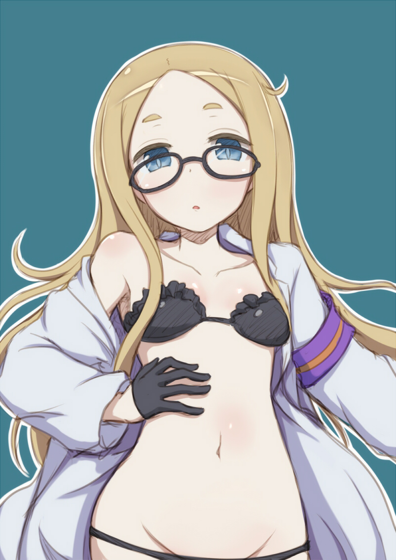 1girl, black_gloves, black_panties, blonde_hair, blue_eyes, bra, glasses, gloves