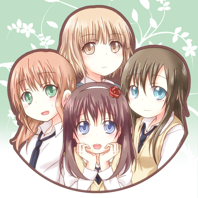4girls, blonde_hair, blue_eyes, brown_eyes, brown_hair, green_eyes, hairband, hands_on_own_face