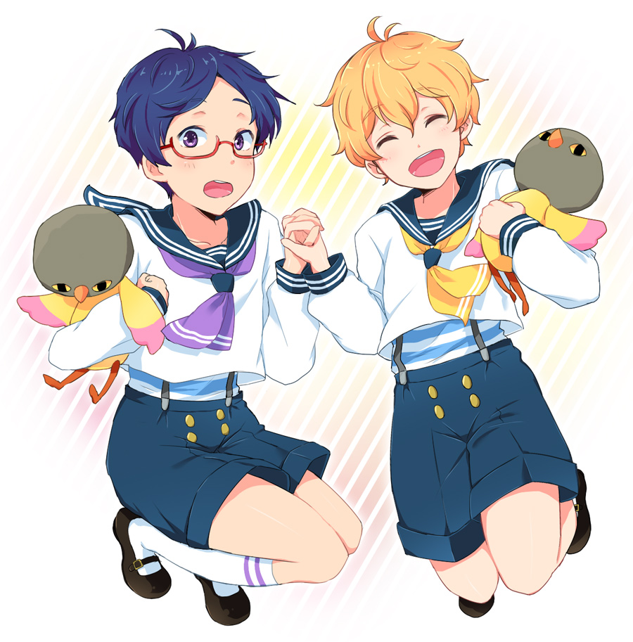 2boys, blonde_hair, blue_hair, blush, child, closed_eyes, free!, glasses