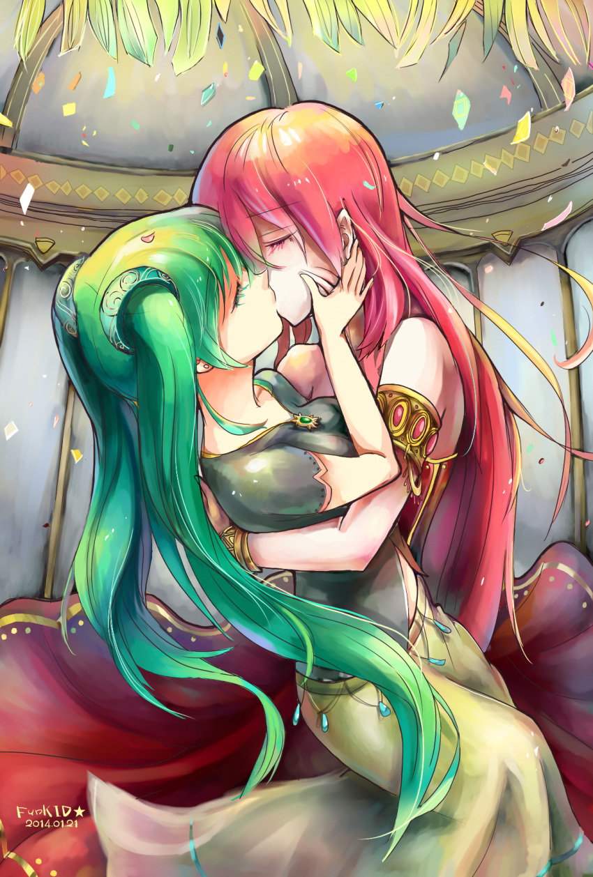 2014, 2girls, artist_name, closed_eyes, dated, funkid, green_hair, hatsune_miku