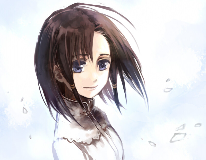 1girl, black_hair, claire_cruz, kyl, smile, solo, to_aru_hikuushi_e_no_koiuta, violet_eyes, wind
