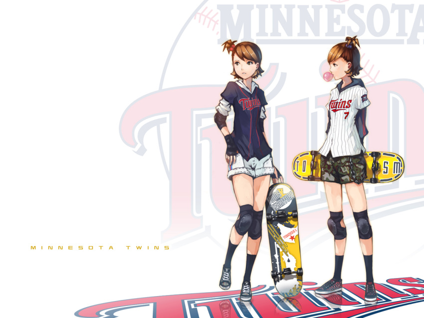 baseball, brown_eyes, brown_hair, bubblegum, casual, ekao, elbow_pads, futami_ami