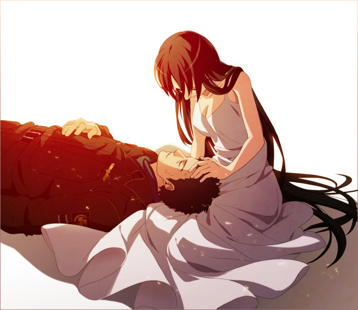 1boy, 1girl, black_hair, chijiwa_takeo, closed_eyes, dress, lap_pillow, long_hair, natuichi-7212, short_hair, to_aru_hikuushi_e_no_yasoukyoku