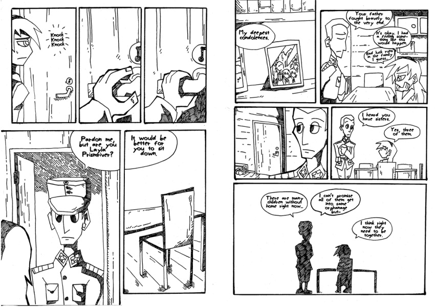 1boy, 1girl, comic, doorknob, english, hairband, keyhole, layla_prismriver, military, military_uniform, monochrome, photo_(object), setz, soldier, touhou, uniform, widow's_peak