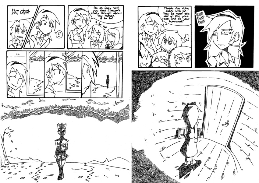 !, 1boy, 4girls, al_bhed_eyes, comic, door, english, hairband, layla_prismriver, lunasa_prismriver, lyrica_prismriver, merlin_prismriver, monochrome, multiple_girls, setz, soldier, touhou