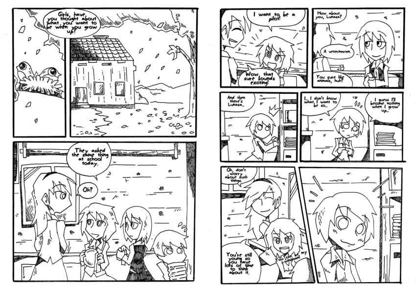 /\/\/\, al_bhed_eyes, bird, comic, english, hairband, house, layla_prismriver, lunasa_prismriver, lyrica_prismriver, merlin_prismriver, monochrome, nest, setz, touhou, tree