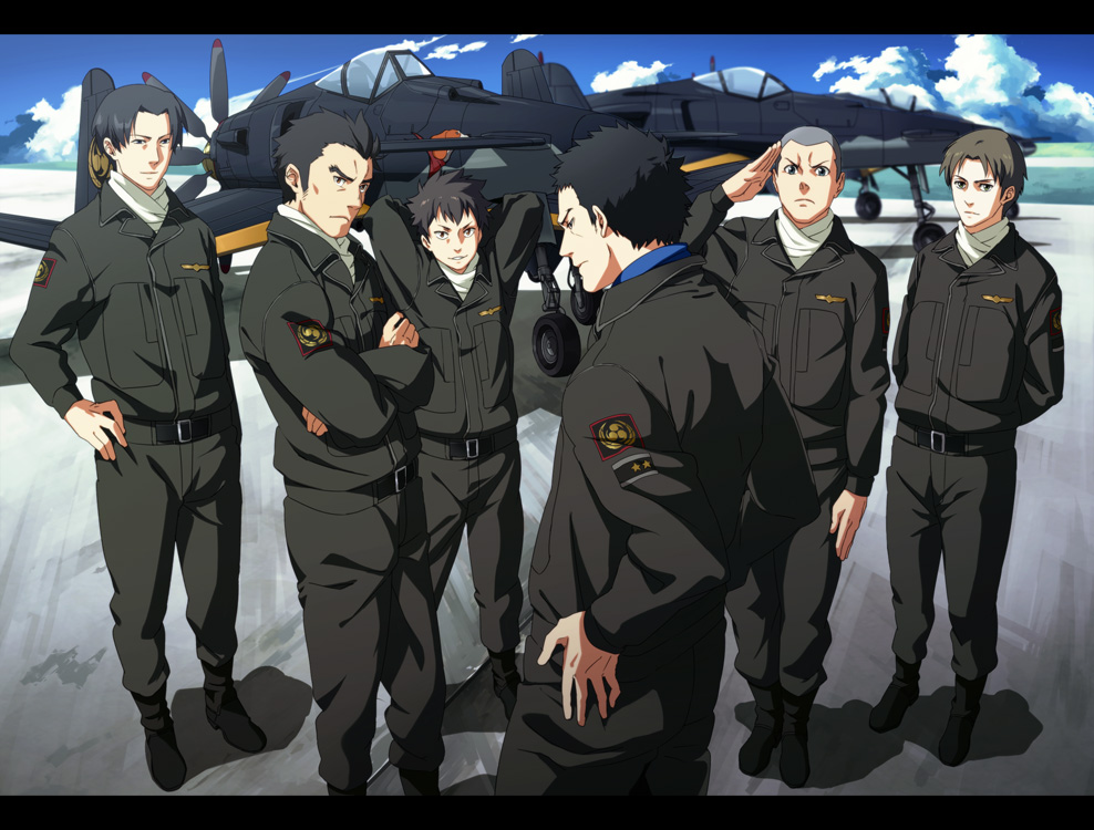 airplane, chijiwa_takeo, fighter_jet, hasami_shinichi, jet, kannonji_hideaki, matsuda_taichi, midou_nagaomi, military, military_uniform, natuichi-7212, pilot, pilot_suit, sugino_heisuke, to_aru_hikuushi_e_no_yasoukyoku, uniform