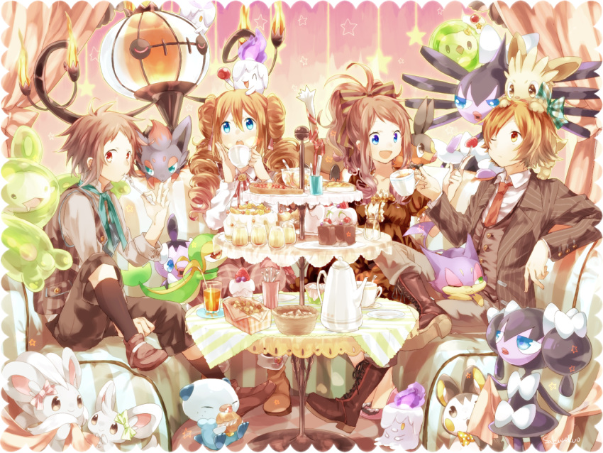2boys, 2girls, ahoge, alternate_color, blue_eyes, boots, bow, brown_eyes, brown_hair, cake, chandelure, cinccino, cup, double_bun, drill_hair, eating, emolga, food, fork, fruit, gothita, gothitelle, gothorita, hair_bow, high_ponytail, kyouhei_(pokemon), lillipup, litwick, long_hair, mei_(pokemon), minccino, multiple_boys, multiple_girls, naru_(andante), necktie, oshawott, plate, pokemon, pokemon_(creature), pokemon_(game), pokemon_bw, pokemon_bw2, purrloin, reuniclus, shiny_pokemon, short_hair, sitting, snivy, solosis, star, strawberry, striped_suit, teacup, teapot, tepig, touko_(pokemon), touya_(pokemon), twin_drills, very_long_hair, zorua