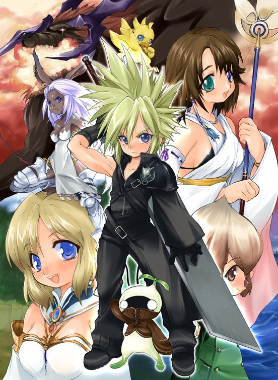 ashelia_b'nargin_dalmasca, blonde_hair, blue_eyes, breasts, brown_hair, buster_sword, chocobo, cleavage