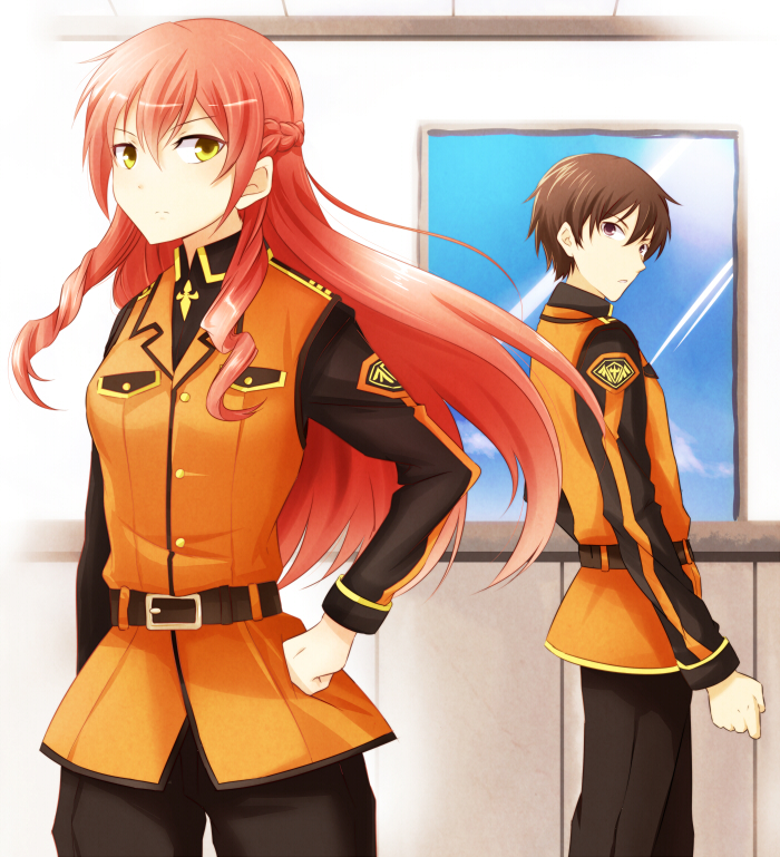 1boy, 1girl, braid, brown_eyes, brown_hair, iria_cryschmitt, long_hair, redhead