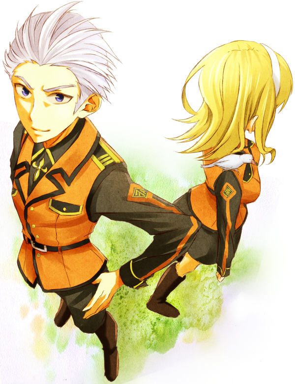 1boy, 1girl, bird, blonde_hair, mio_sayla, ryner_beck, sanada_haiji, silver_hair
