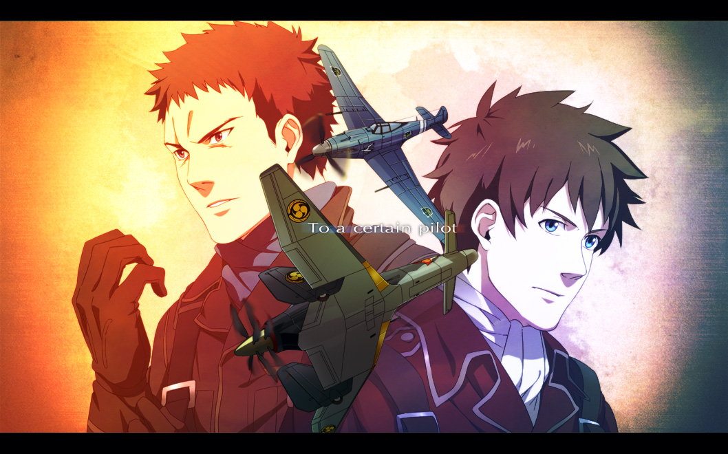 2boys, airplane, black_hair, blue_eyes, charles_karino, chijiwa_takeo, clouds, gloves, hikuushi_series, military, multiple_boys, pilot, short_hair, sky, to_aru_hikuushi_e_no_tsuioku, to_aru_hikuushi_e_no_yasoukyoku, uniform