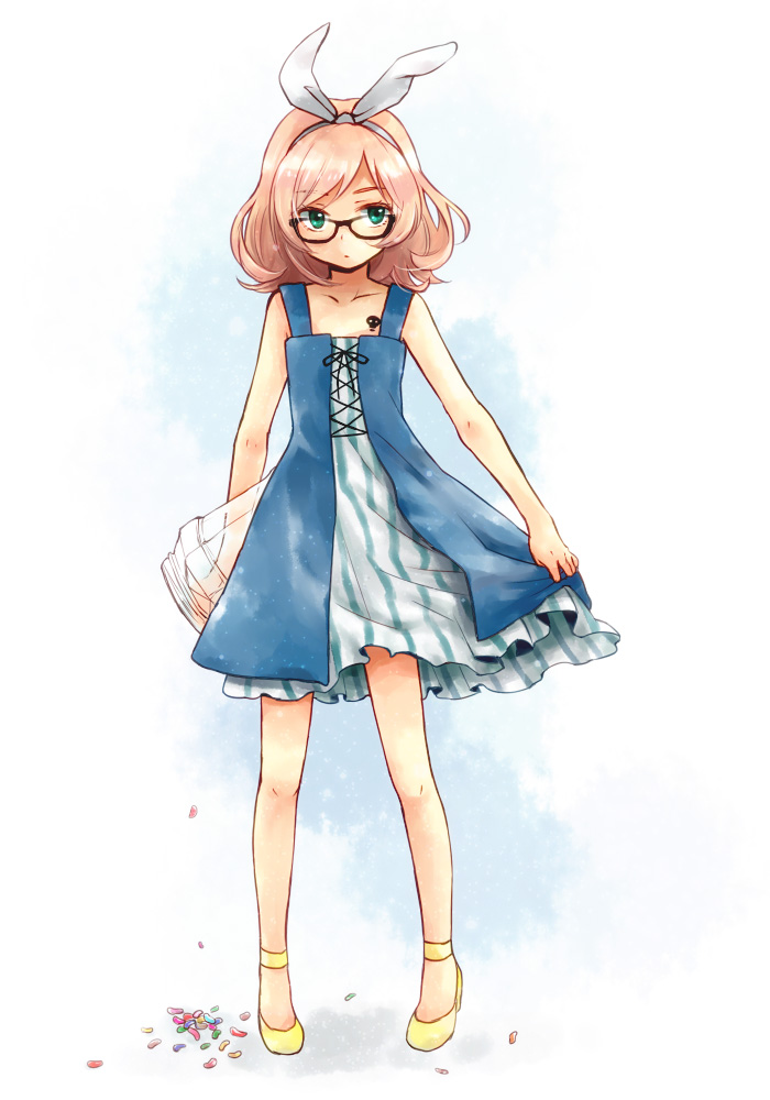 1boy, black-framed_glasses, crossdressinging, dress, gatchaman_crowds, glasses, green_eyes, hairband, hato37, ninomiya_rui, pink_hair, short_hair, solo, trap