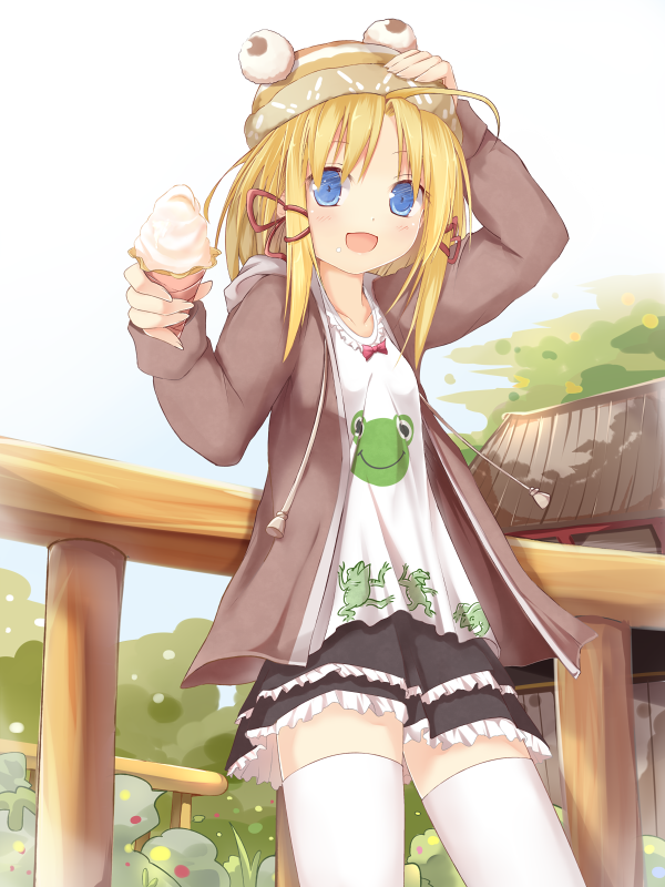 1girl, adapted_costume, ahoge, alternate_costume, beanie, blonde_hair, blue_eyes, blue_sky