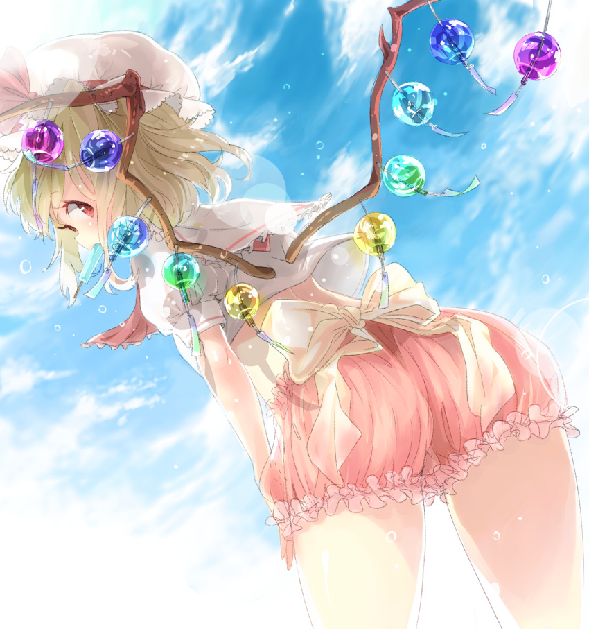 1girl, blonde_hair, bloomers, blue_sky, blush, bow, clouds, cloudy_sky