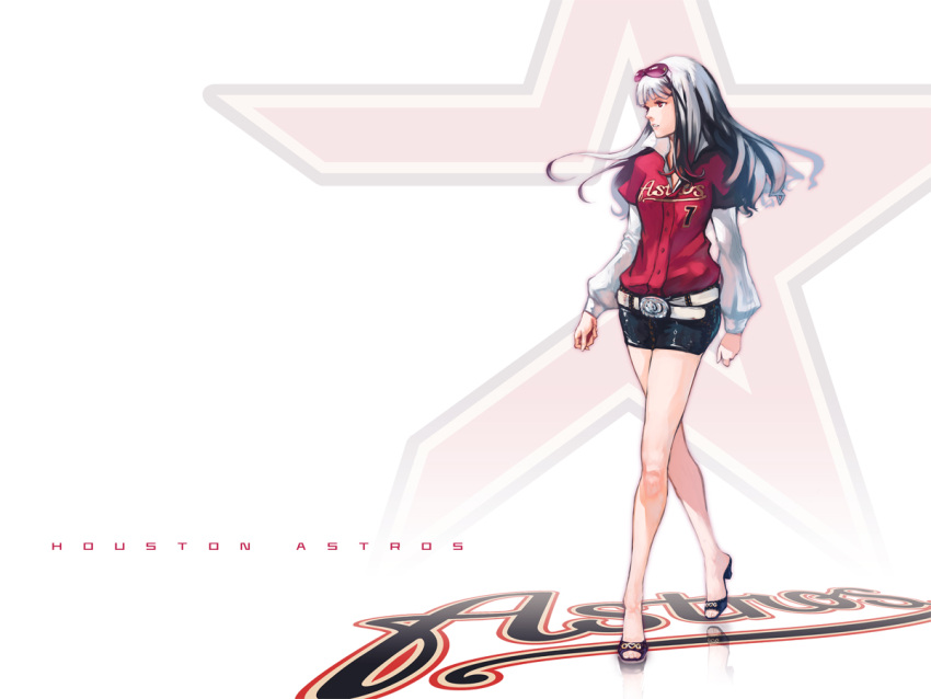 baseball, belt, denim_skirt, ekao, high_heels, houston_astros, idolmaster, legs, long_hair, major_league_baseball, miniskirt, realistic, red_eyes, shijou_takane, shoes, silver_hair, skirt, solo, sunglasses, walking