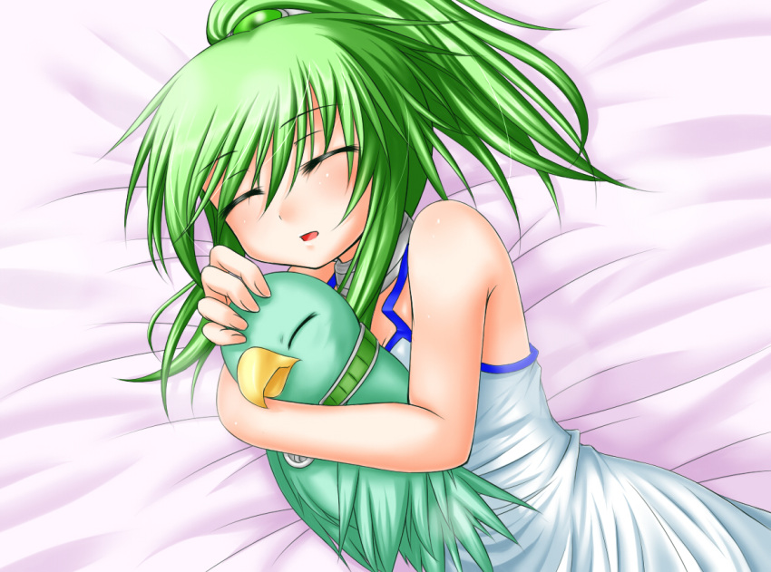 closed_eyes, collar, duel_monster, green_hair, gusta_gulldo, hair_ornament, jewelry, long_hair