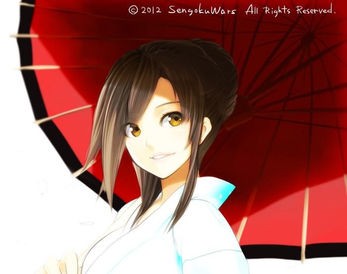 1girl, brown_hair, bust, character_request, hair_bun, holding_umbrella, japanese_clothes, kimono