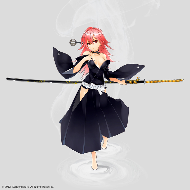 1girl, breasts, character_request, choker, cleavage, copyright_name, dated, grey_background