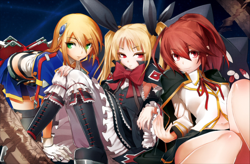 3girls, blazblue, blazblue:_chronophantasma, celica_a_mercury, highres, multiple_girls, nago, noel_vermillion, official_art, rachel_alucard, seductive_smile, thigh-highs