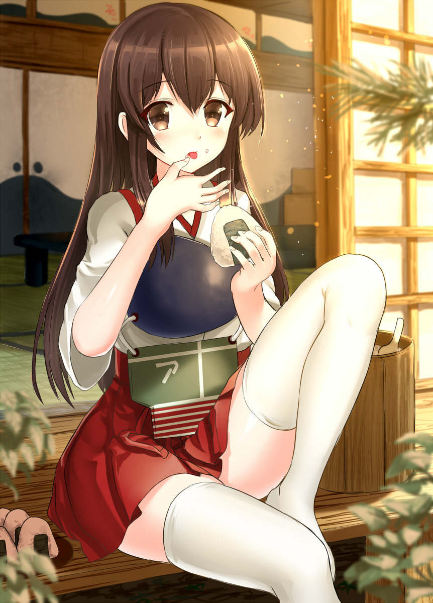 1girl, :p, akagi_(kantai_collection), arudehido, blush, brown_eyes, brown_hair, eating