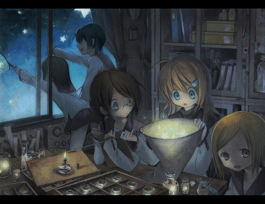 5girls, ahoge, black_hair, blonde_hair, blue_eyes, blue_hair, brown_hair, green_eyes