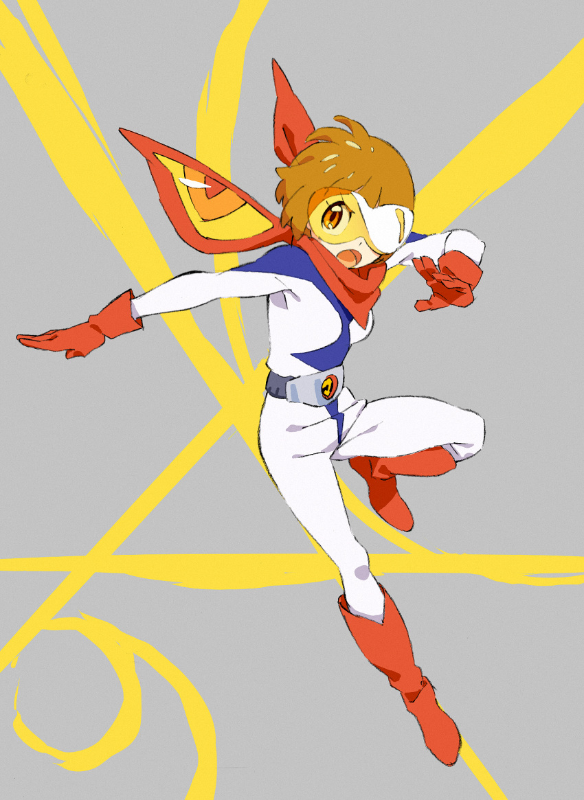 1girl, belt, boots, brown_eyes, brown_hair, female, gloves, highres, kill_la_kill, living_clothes, mankanshoku_mako, parody, scarf, senketsu, senketsu_(scarf), shooting_glasses, short_hair, solo, sotetsu