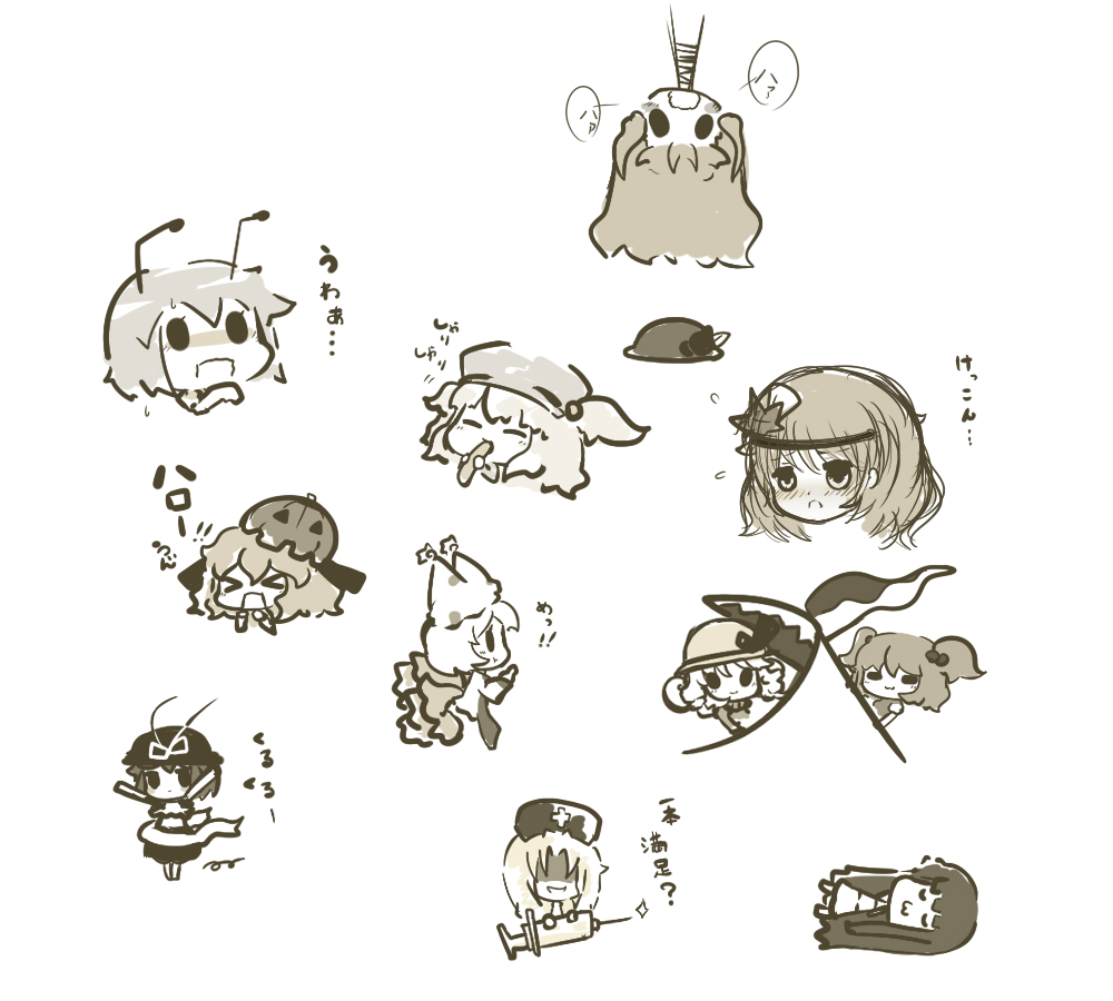 >_<, 6+girls, =_=, antennae, black_eyes, blush, chibi, closed_eyes