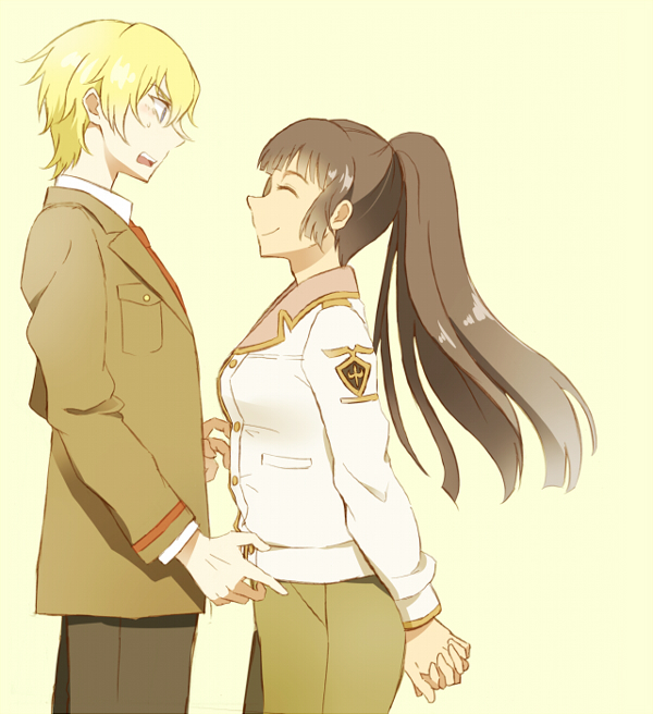 1boy, 1girl, balthazar_grimm, blonde_hair, brown_hair, formal, hikuushi_series, long_hair
