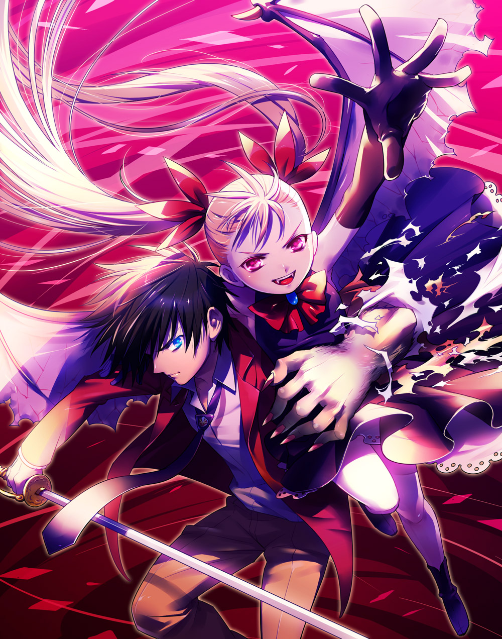 black_hair, blue_eyes, brown_hair, dance_in_the_vampire_bund, dress, elbow_gloves, fangs, gloves, highres, jacket, kaburagi_akira, legs, mina_tepes, necktie, pink_eyes, pink_hair, sword, tetsukuzu_tetsuko, twintails, weapon, wings